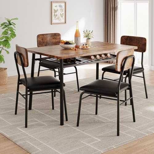 Dining Table Set for 4 with Storage Rack, 5-Piece Kitchen Table and Upholstered Chairs of 4, Wood Tabletop & Heavy-Duty Metel Frame, Dining Room Set for Small Space, Apartment, Brown