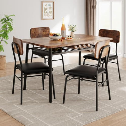 Dining Table Set for 4 with Storage Rack, 5-Piece Kitchen Table and Upholstered Chairs of 4, Wood Tabletop & Heavy-Duty Metel Frame, Dining Room Set for Small Space, Apartment, Brown