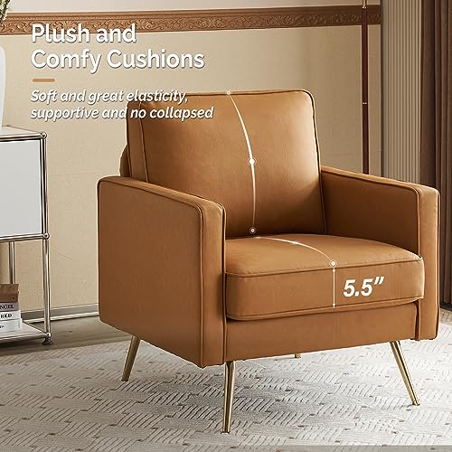 Modern PU Leather Accent Chair for Living Room,Bedroom Comfy Chair Arm Chair Reading Chair with Golden Metal Legs and Deep Seat for Office,Apartment,Small Space,Cognac