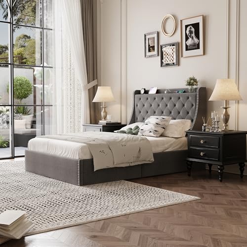 GAOMON Queen Size Bed Frame with Wingback Headboard, 4-Drawer Velvet Upholstered Platform Bed Frame with Charging Station, Button Tufted Storage Bed, No Box Spring Needed, Gray