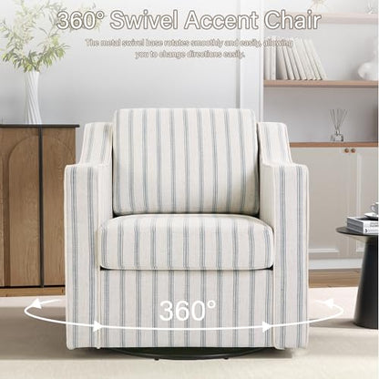 Swivel Accent Chairs Set of 2, 360° Swivel Upholstered Club Armchairs for Living Room, Comfy Reading Chair with Deep Seat, Metal Swivel Base, Pinstripe Light Blue