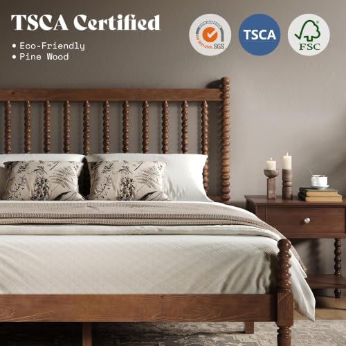 Solid Wood Bed Frame, Spindle Headboard, Queen Size Dark Walnut, view 6