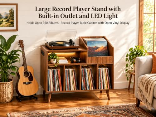 Large Record Player Stand with Built-in Outlet and LED Light, Walnut, view 5