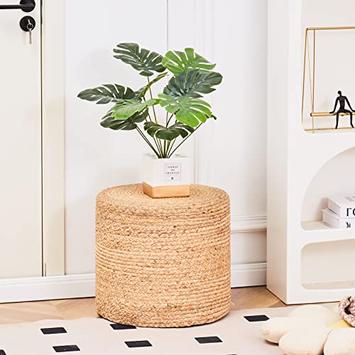 18'' Ottoman Pouf, Natural Braided Poof, Rustic Handweave Lounge Pouffe, Boho Footrest Stool for Bedroom, Accent Table or Seat for Living Room (Natural-LD)
