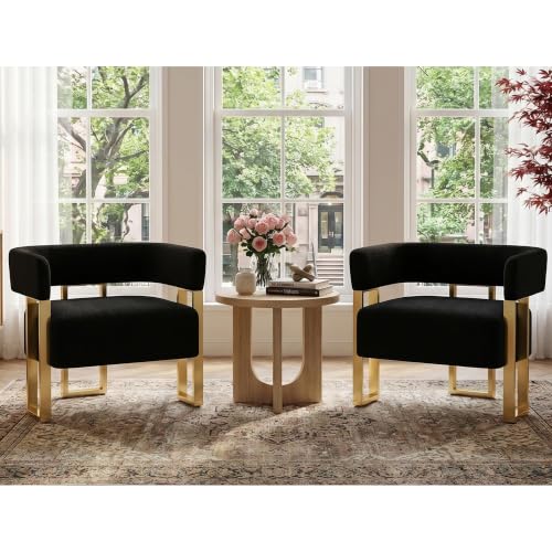 Mid Century Modern Accent Chair Set of 2, Barrel, Black Boucle, Gold Leg