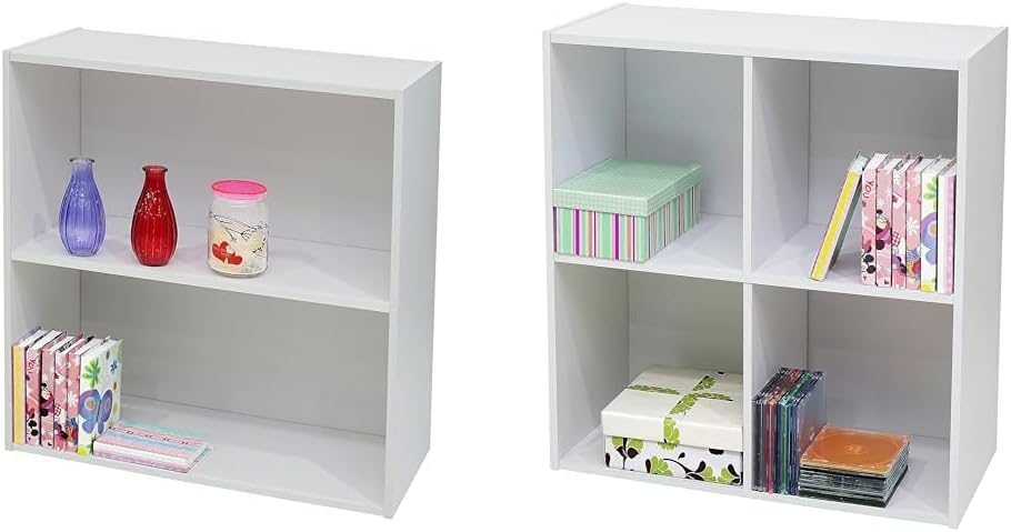 2 Tier Open Shelf Bookcase Storage Organizer, White Wood, Contemporary.