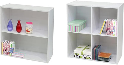 2 Tier Open Shelf Bookcase Storage Organizer, White Wood, Contemporary.