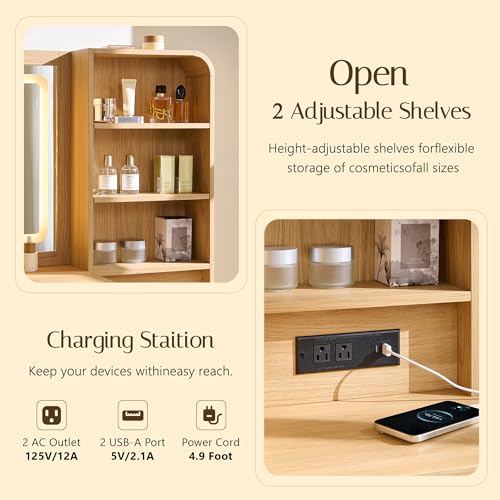50” Modern Vanity Desk with Mirror and Lights with Charging Station Natural, view 6