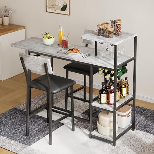 Dining Table Set for 2, 3-Piece Expandable Bar Table and Chairs Set, with Storage Shelves and Wine Rack, Small Kitchen Dining Set for Living Room, Apartment
