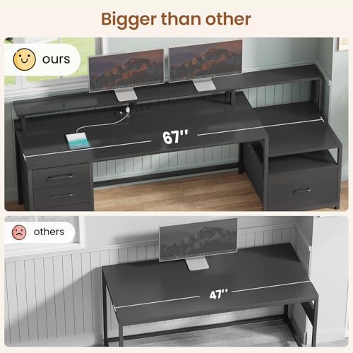 Computer Desk with 5 Drawer, Power Outlet, Led Lights, Black, view 6
