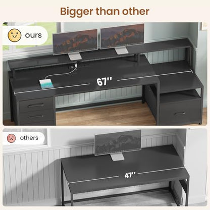 Computer Desk with 5 Drawer, Power Outlet, Led Lights, Black, view 6