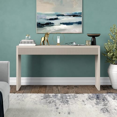 55" Rectangular Fluted Console Table, Ribbed Entryway Table, Sofa Table for Entryway, Living Room, Couch, Hallway, or Office, Beech White