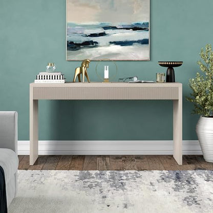 55" Rectangular Fluted Console Table, Ribbed Entryway Table, Sofa Table for Entryway, Living Room, Couch, Hallway, or Office, Beech White