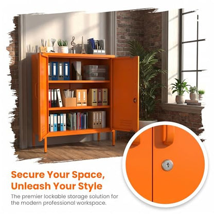 Multipurpose Accent Cabinet Locker, Metal Storage Cabinet with 2 Adjustable Shelves, Heavy Duty & Lockable Organizer Made of Thickened Steel, Easy Assembly for Home, Entryway, Orange