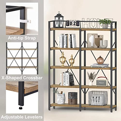 Bookshelf, 5 Tier Industrial, Tall Etagere Bookcase, Rustic Wood and Metal Book Shelf with Large Open Shelving Unit for Home Office Living Room (Rustic Oak, 51 Inch Wide)