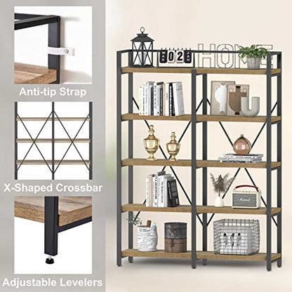 Bookshelf, 5 Tier Industrial, Tall Etagere Bookcase, Rustic Wood and Metal Book Shelf with Large Open Shelving Unit for Home Office Living Room (Rustic Oak, 51 Inch Wide)