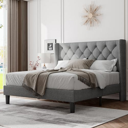Queen Bed Frame with Upholstered Wingback Headboard, view 2