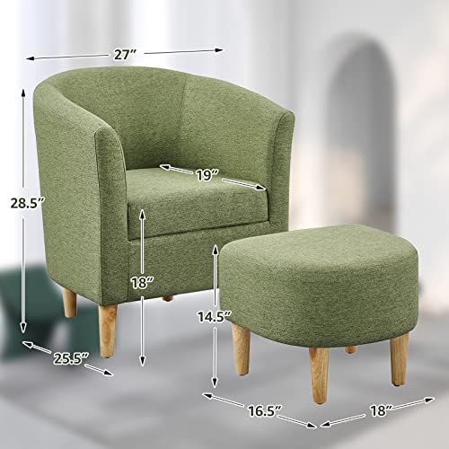 Mid Century Modern Chair, Accent Chair Barrel with Ottoman Comfy Arm Footrest Set Comfortable Living Room Chairs Upholstered Round Club Tub Sofa for Bedroom Reading Green, Set of 1
