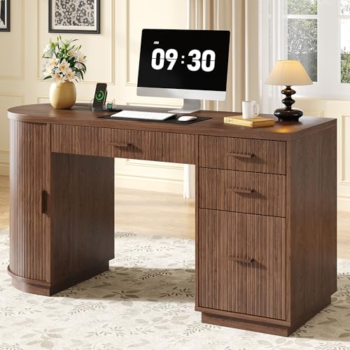 58 Inch Fluted Executive Desk with File Drawer, Walnut, view 2