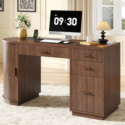 58 Inch Fluted Executive Desk with File Drawer, Walnut, view 2