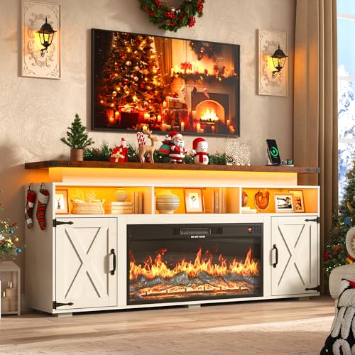 Farmhouse Fireplace TV Stand w/Power Outlet for 75/80 Inch TV, view 2