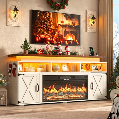 Farmhouse Fireplace TV Stand w/Power Outlet for 75/80 Inch TV, view 2