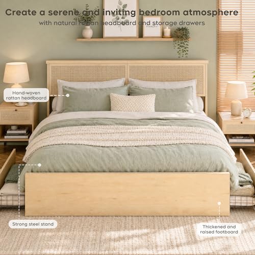 Queen Bed Frame with Natural Rattan Headboard and Wooden 4 Storage Drawers, view 5