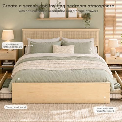 Queen Bed Frame with Natural Rattan Headboard and Wooden 4 Storage Drawers, view 5