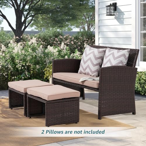 Outdoor Loveseat 3 Piece Patio Furniture Set Outdoor Conversation Set All-Weather Wicker Love Seat with Ottoman/Side Table, Brown Rattan, Beige