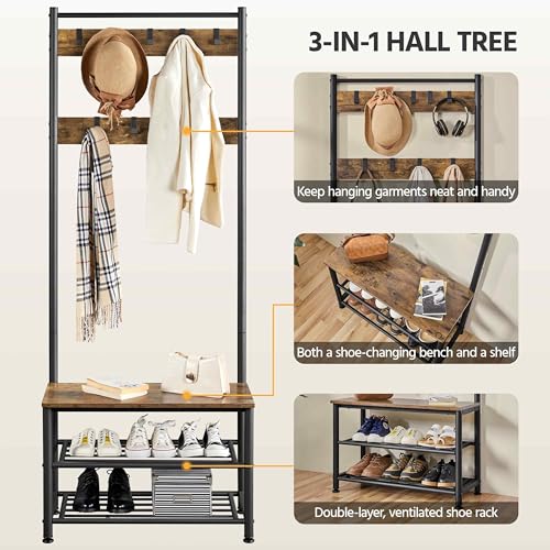 3-in-1 Hall Tree with Bench, Shoe Rack for Mudroom, Rustic Brown, view 6