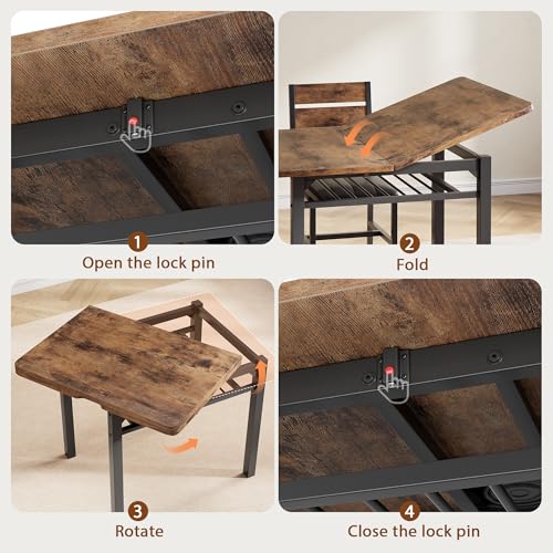 Dining Table Set for 4, Extendable Kitchen Table with 4 PU Leather Upholstered Dining Room Chairs, Wood Kitchen Table Set with Built-in Storage Rack for Dining & Small Spaces, Rustic Brown
