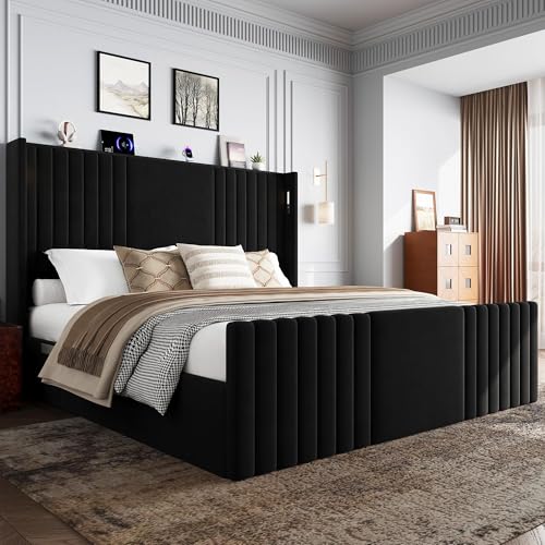 55" Tall King Size Platform Bed Frame with 2 Reading Lights, Black, view 2