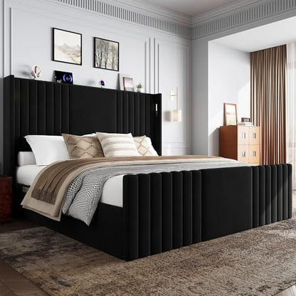 55" Tall King Size Platform Bed Frame with 2 Reading Lights, Black, view 2