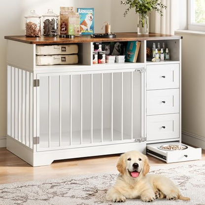 48 Inch Dog Crate Furniture with Bowl & Drawers, view 2