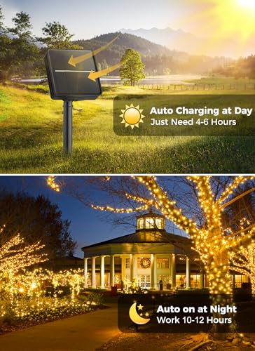 Solar String Lights Outdoor Waterproof- 40 FT 100 LED Solar Powered String Lights with 8 Lighting Modes, IP65 Waterproof Solar Christmas Lights for Outdoor Outside Tree Party Decor, Warm White