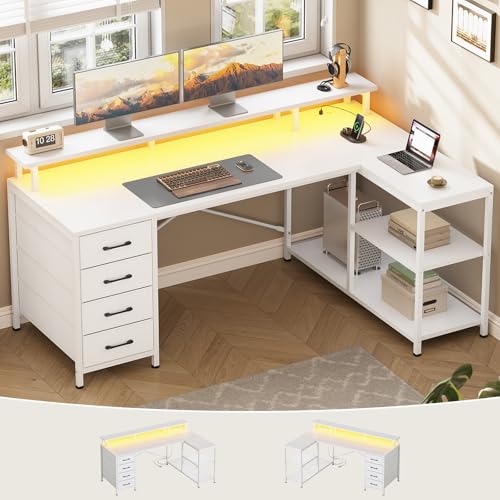 L Shaped Gaming Desk with 4 Drawers, Shelves, Power Outlets, White, view 5