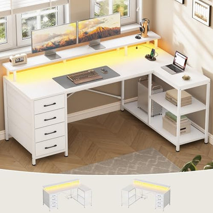 L Shaped Gaming Desk with 4 Drawers, Shelves, Power Outlets, White, view 5