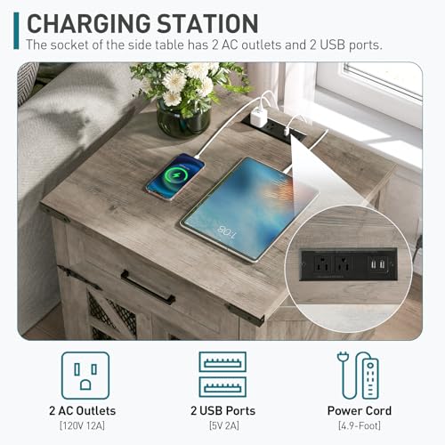Farmhouse End Table with Charging Station, 24" Large Sofa Side Table with Drawer, Large End Table for Living Room, Wooden Nightstand with Outlet, Square, Greige