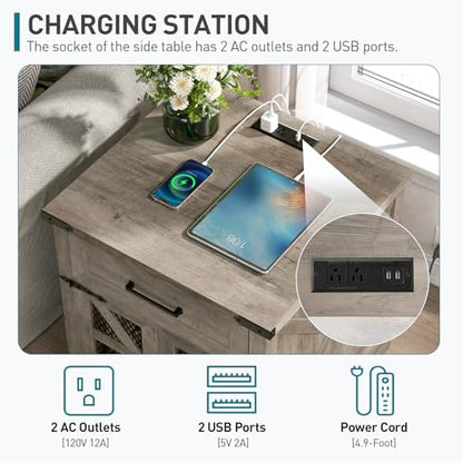 Farmhouse End Table with Charging Station, 24" Large Sofa Side Table with Drawer, Large End Table for Living Room, Wooden Nightstand with Outlet, Square, Greige