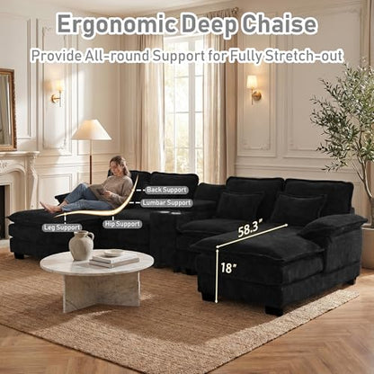 133" Oversized U Shaped Cloud Couch Modular Sectional Couches for Living Room Comfy Chenille Deep Seat Sofa Set with Double Chaise Lounge, Storage Central Console, Cup Holders, USB Port, Dark Black