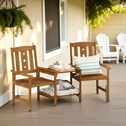 Patio Bistro Set with Integrated Coffee Table and Umbrella Slot Outdoor Dining Furniture for Garden, Porch, and Terrace in Natural Wood-Look Finish