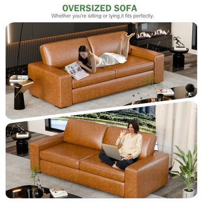 85" Faux Leather Sofa Couches, 3 Seater Mid-Century Modern Sofa with Extra Deep Seats, Upholstered Cushion&Removable Cover, Comfy Couch for Small Space Living Room Apartment, Brown