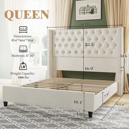 Queen Bed Frame with 51.6" Tall Upholstered Headboard,Cream, view 3