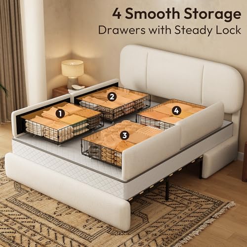 Queen Size Cloud Bed Frame with LED & 4 Drawers, Beige, view 5