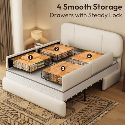 Queen Size Cloud Bed Frame with LED & 4 Drawers, Beige, view 5