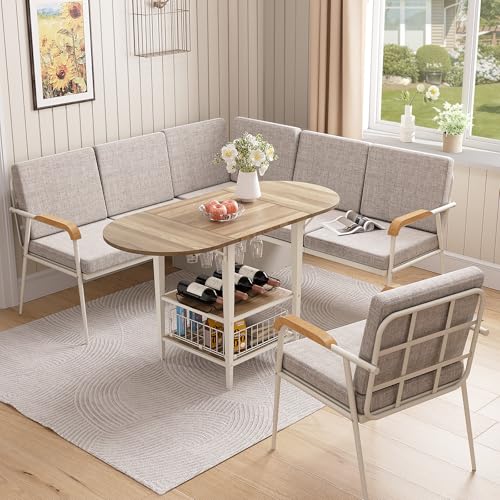 VFK 3 Piece Dining Table Set, 51 Inch Modern Kitchen Folding Breakfast Table with Right Seat Storage Corner Stools and Dining Chairs for Home Dining Room Furniture