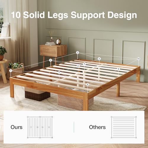12 Inch Wooden Queen Bed Frame with Sturdy Slat Support, Natural Color, view 5