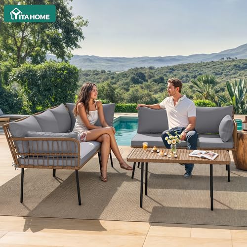 4-Piece Wicker Patio Furniture Set, All Weather PE Rattan Conversation Set Sectional Sofa with Soft Cushions & Side Table, Porch Furniture for Deck, Balcony, Backyard - Gray