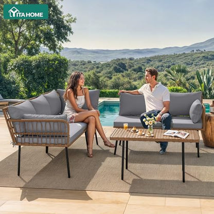 4-Piece Wicker Patio Furniture Set, All Weather PE Rattan Conversation Set Sectional Sofa with Soft Cushions & Side Table, Porch Furniture for Deck, Balcony, Backyard - Gray
