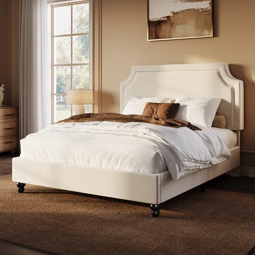 Queen Chenille Upholstered Platform Bed Frame, Beige, view 2